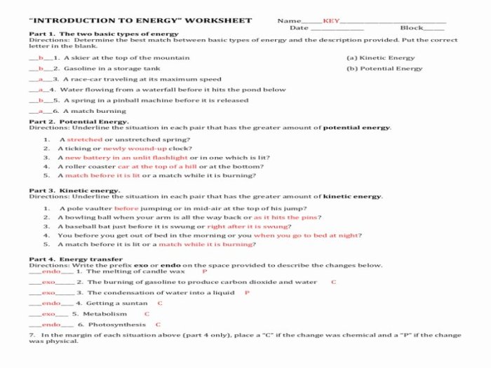 Introduction to energy worksheet answers