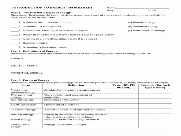 Introduction to energy worksheet answers